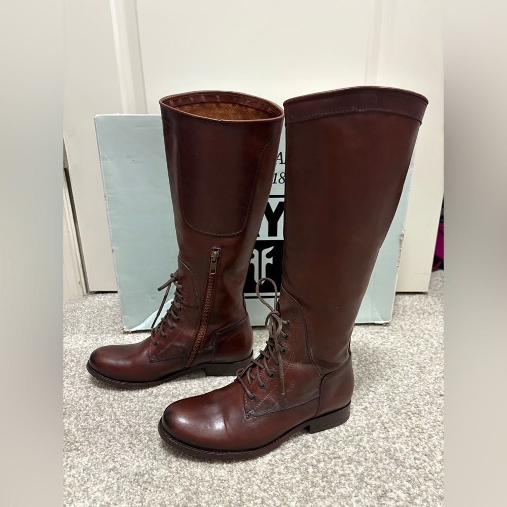 Frye Melissa Lace Up Riding Boots 6.5 Equestrian Brown Leather Vintage Redwood - Picture 4 of 11